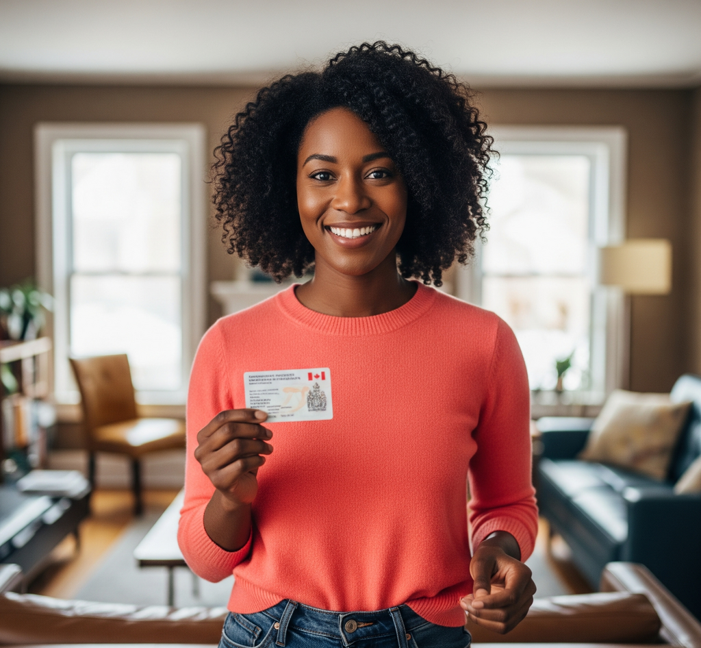 Happy woman holding her Canadian Permanent Resident Card