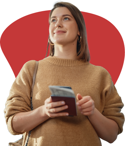 Young woman holding passport and dreaming of visiting Canada with a Temporary Resident Visa